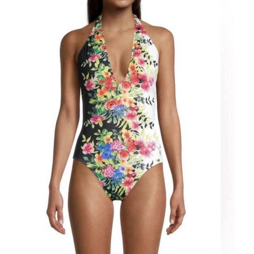 Johnny Was L Spring Halter One Piece Swim Suit Floral Plunging $198 NWT - Picture 2 of 13